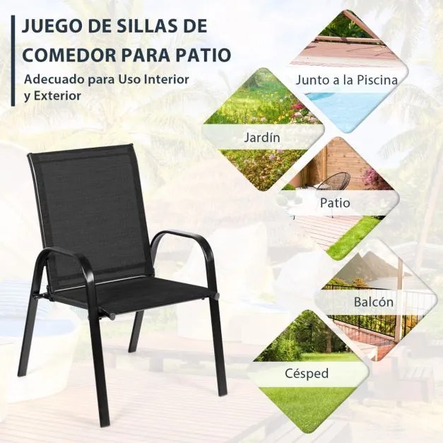 Conjunto de 2 cadeiras de jardim com braços curvos Estrutura metálica reforçada com tecido de secagem fácil Assento largo para piscina Preto