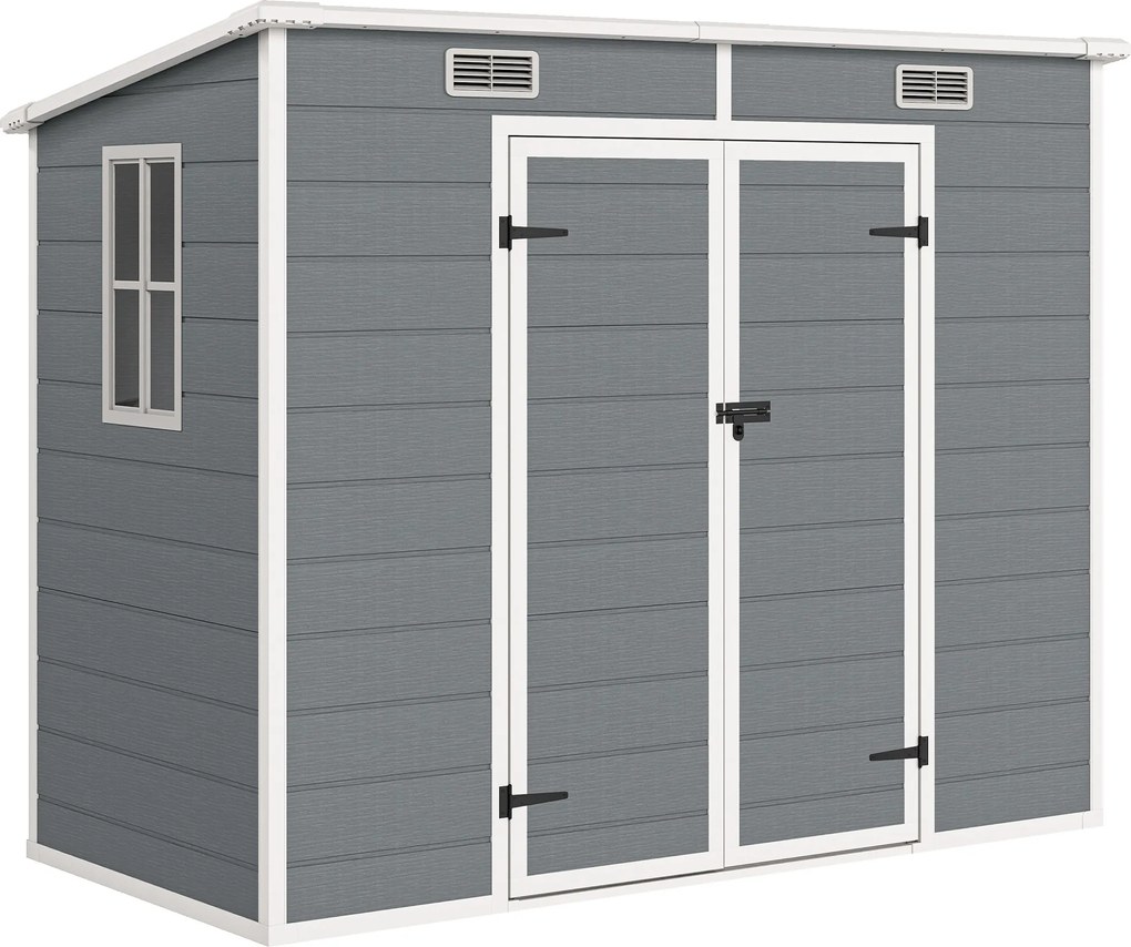 Outsunny Abrigo de jardim 2,4 x 1,3 m, Casa de jardim em plástico com piso, janela, portas fecháveis, para jardim, terraço, cinza | Aosom Portugal