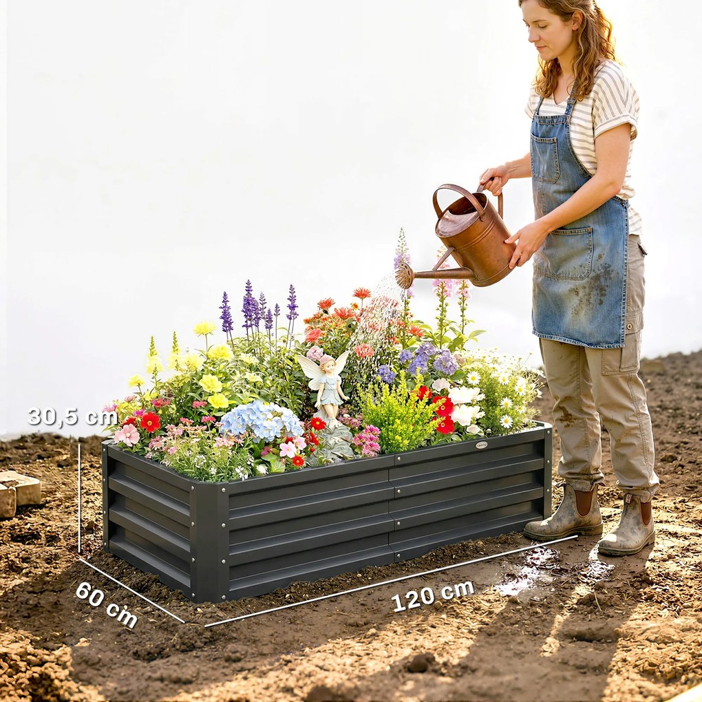Conjunto de 2 floreiras retangulares de jardim em chapa de aço ondulada, 120 x 60 x 30,5 cm cinzento
