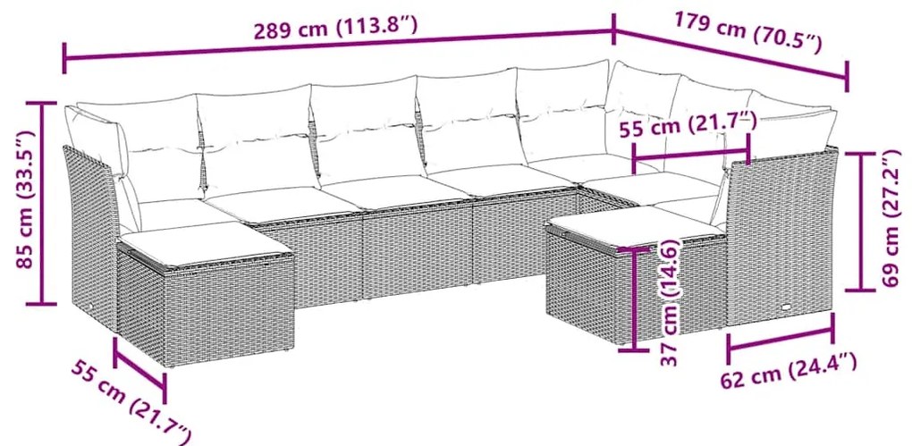 9 pcs conjunto sofás p/ jardim c/ almofadões vime PE castanho