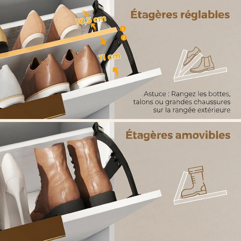 Sapateira com capacidade 70 L x 30 P x 120 A cm para 12 pares, armário estreito com 2 gavetas rebatíveis e prateleiras ajustáveis, branco