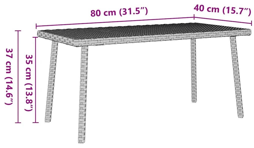 Mesa de centro de jardim retangular 80x40x37 cm vime PE