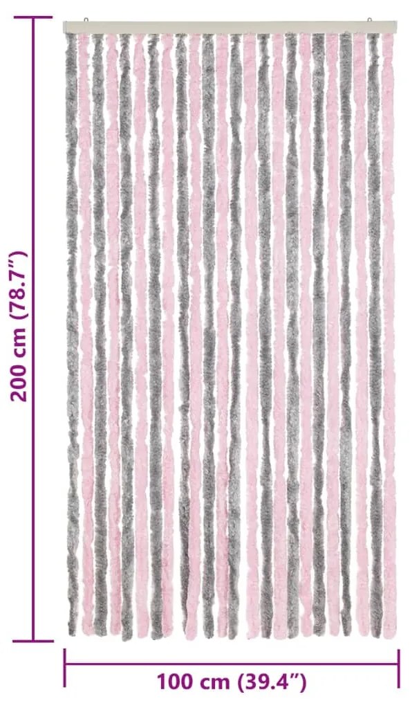 Cortina anti-insetos 100x200 cm chenille cinza-prateado e rosa