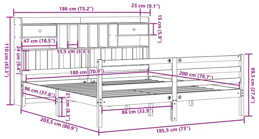 Cama com estante sem colchão 180x200 cm pinho maciço branco