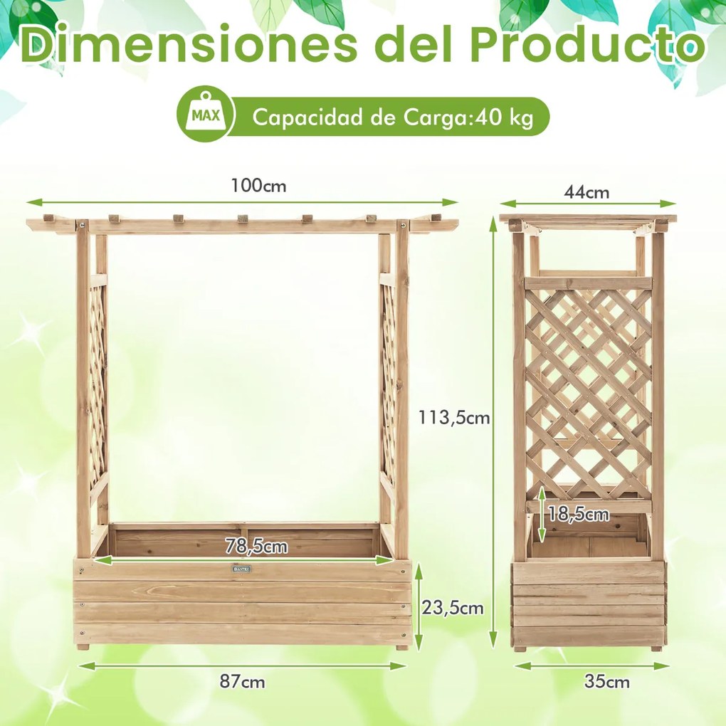 Floreira elevada com treliça para plantas em arco Furos de drenagem 100 x 44 x 113,5 cm Natural