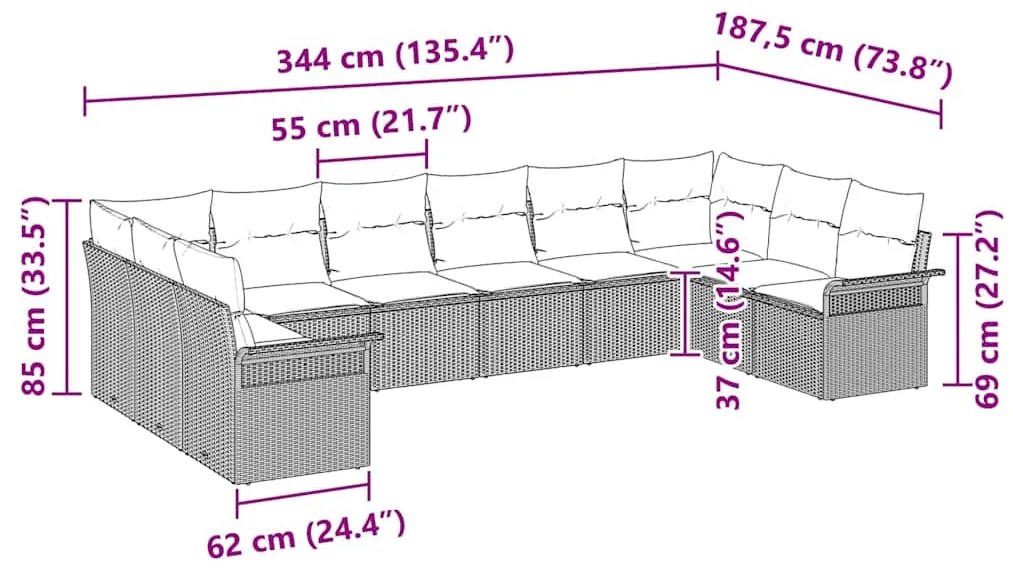 Conjunto de Sofá de Jardim de 10 peças com almofadas bege em rattan si