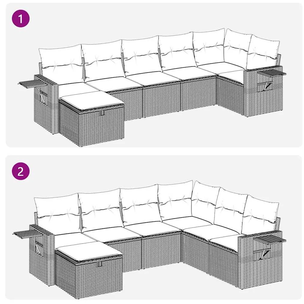 7 pcs conjunto de sofás p/ jardim c/ almofadões vime PE preto