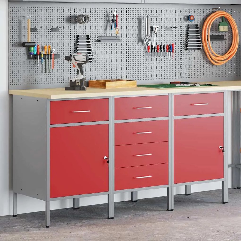 Conjunto de Armários de Trabalho 3 Peças vidaXL Vermelho e Cinza em Ma