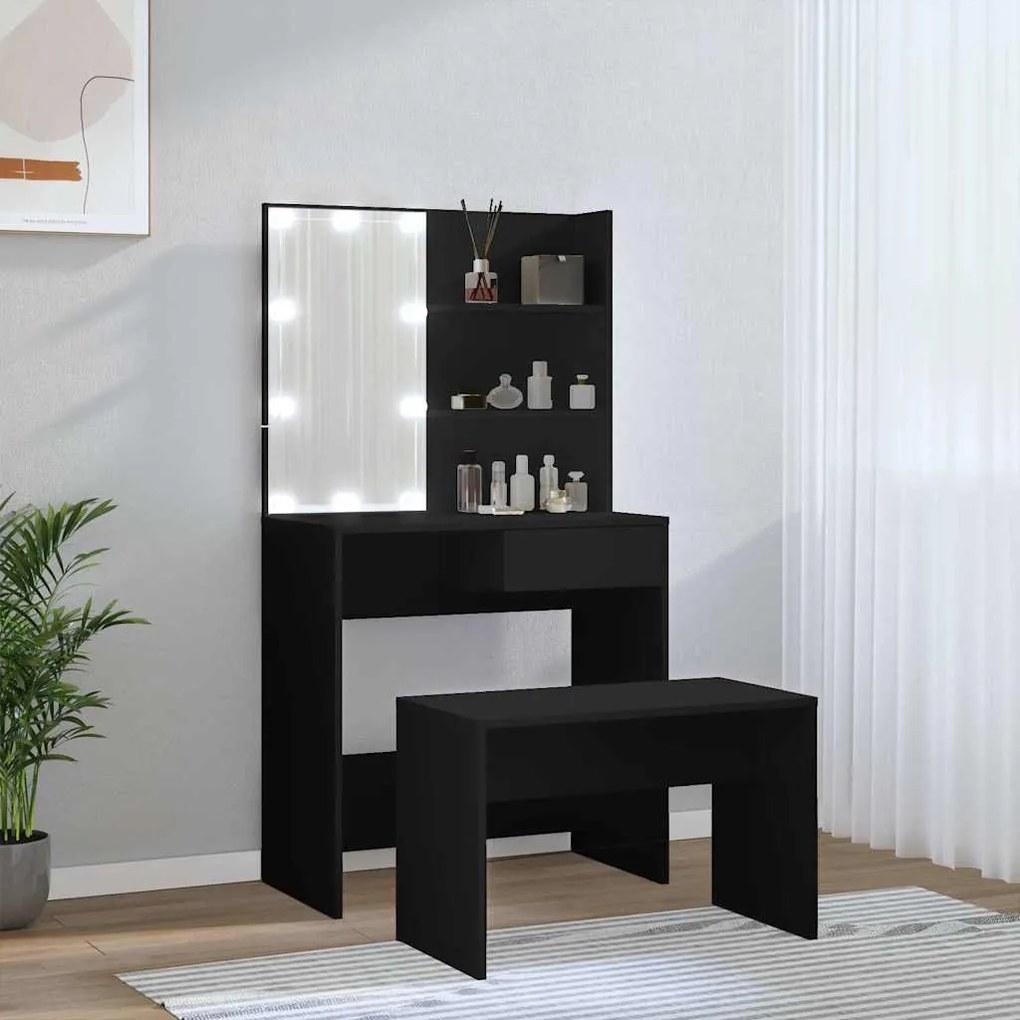 Conjunto de toucador com luzes LED derivados de madeira preto