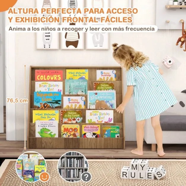Estante infantil 91 x 38 x 76,5 cm de 5 níveis com pequeno porta-revistas para quarto infantil, sala de estar ou creche Natural