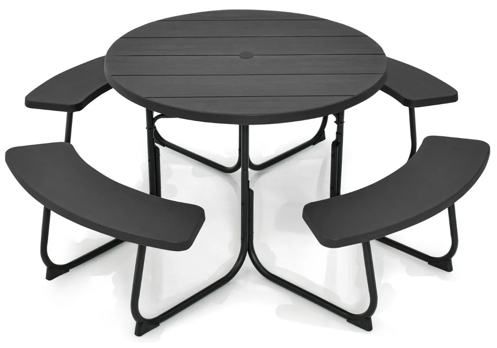Conjunto de jardim para 8 pessoas com mesa e 4 bancos, orifício para guarda-sol e mesa de campismo redonda para piquenique no jardim Carga 225 kg Pret