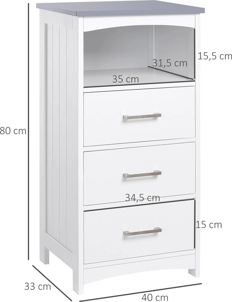 Móvel de casa de banho com pés 40 x 33 x 80 cm, móvel de arrumação com 3 gavetas e 1 compartimento aberto, branco