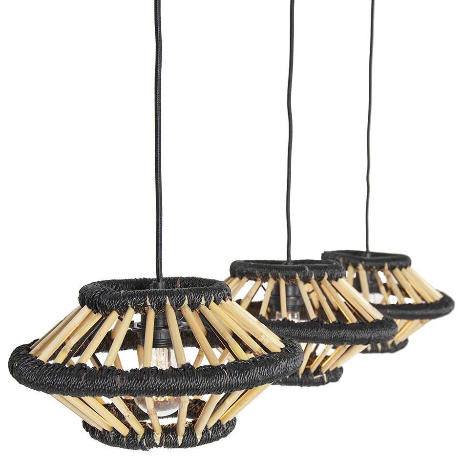 Candeeiro de suspensão oriental em bambu com preto oblongo 3 luzes - Evalin Oriental
