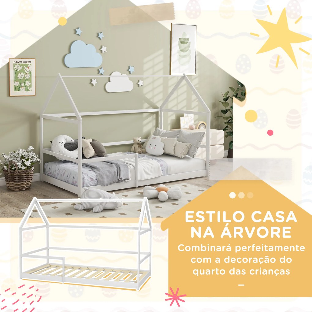 Cama Infantil 90x190 cm em Forma de Casa com Barreira Protetora Cama Casinha de Madeira Carga 60 kg Branco