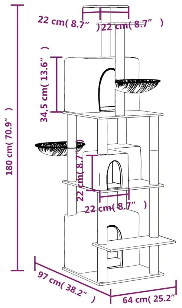 Árvore p/ gatos c/ postes arranhadores sisal 180 cm cinza-claro