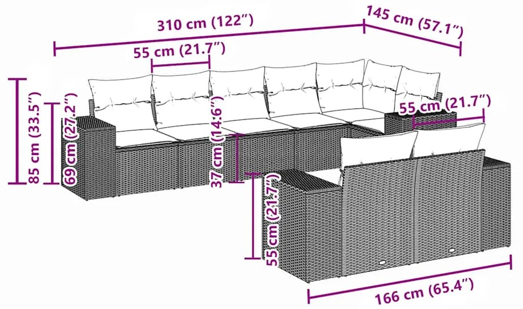 8 pcs conj. sofás jardim c/ almofadões vime PE cinzento-claro