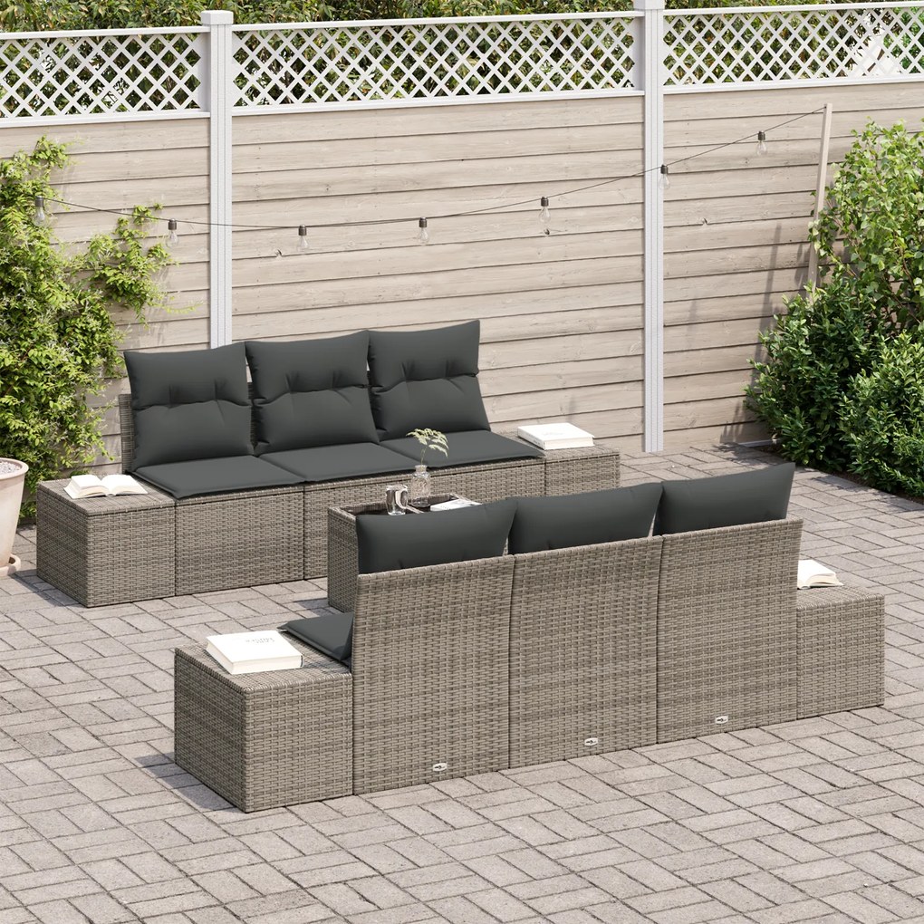 Conjunto de Sofá de Jardim de 7 Peças com Almofadas Cinza em Rattan