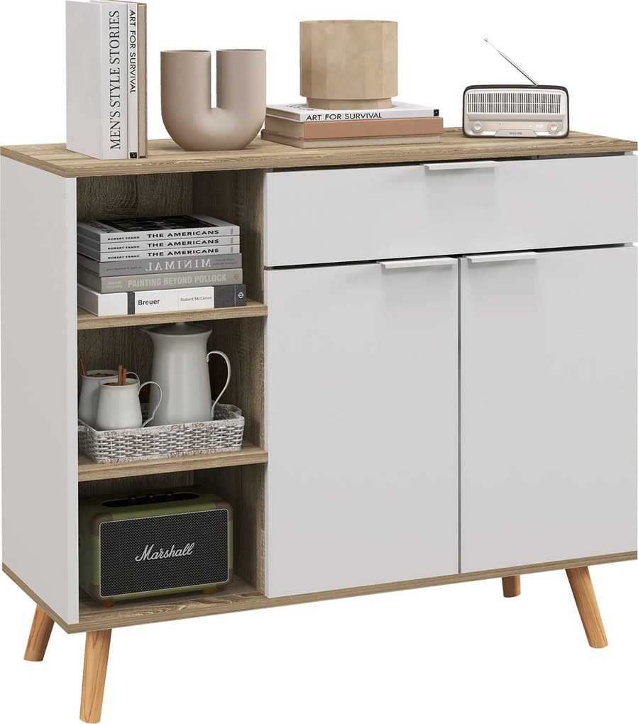 Móvel de arrumação 95 x 35 x 85 cm para cozinha com 1 gaveta, 1 armário de duas portas e 3 prateleiras ajustáveis, branco e natural