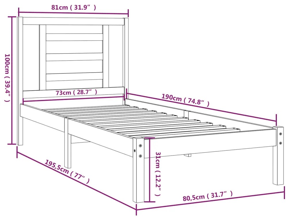Estrutura cama pequena solteiro 75x190 cm madeira maciça branco