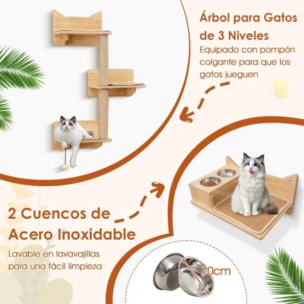 Conjunto de móveis de parede para gatos com 6 peças, rede, torre de salto com 3 níveis e 2 postes para arranhar, área de brincar natural