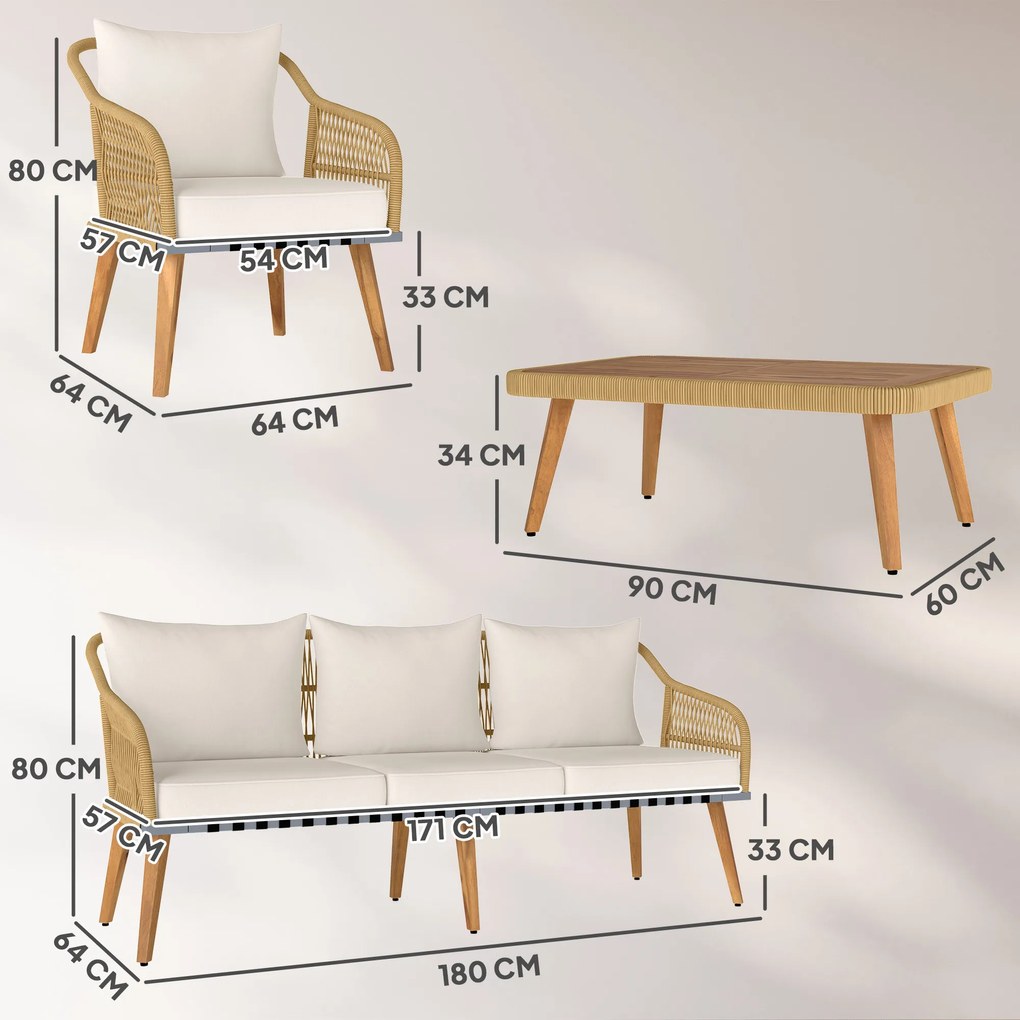 Conjunto de Jardim em Vime com Almofadas Móveis de Exterior com 2 Poltronas Sofá de 3 Lugares Mesa Creme e Madeira