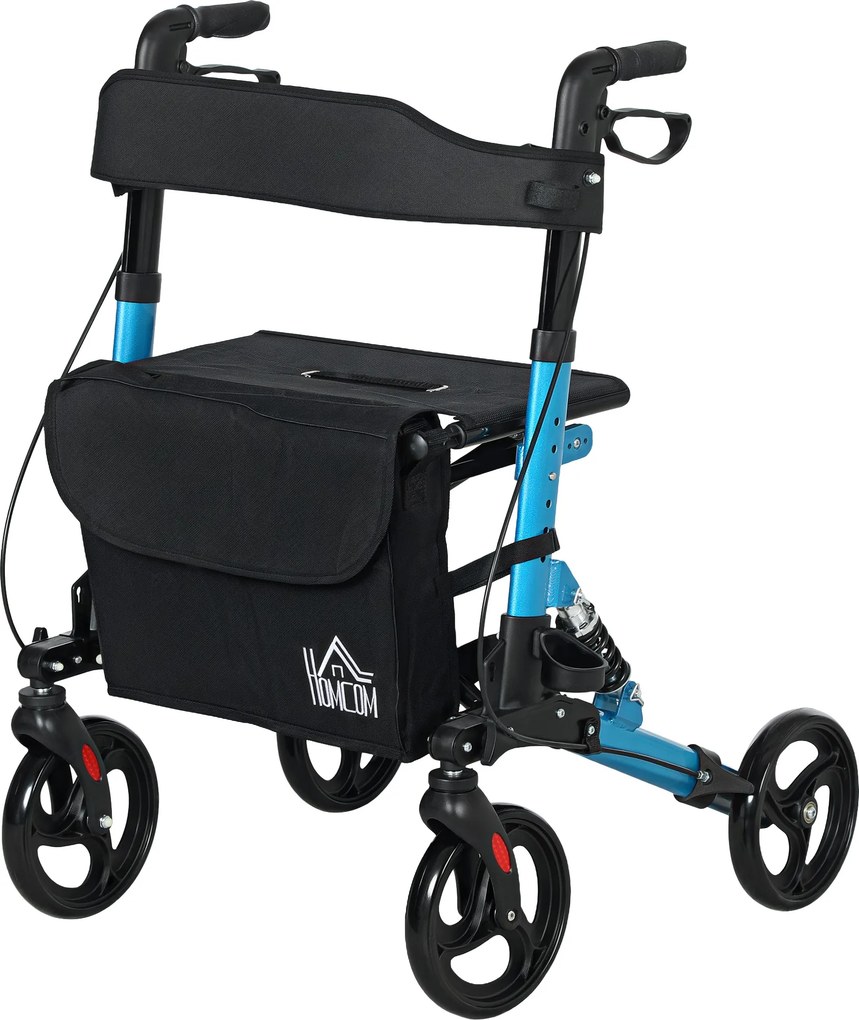 Andarilho Idosos Dobrável de Alumínio com Altura Ajustável Travão e Bolsa de Transporte 66x65x80-93 cm Preto e Azul