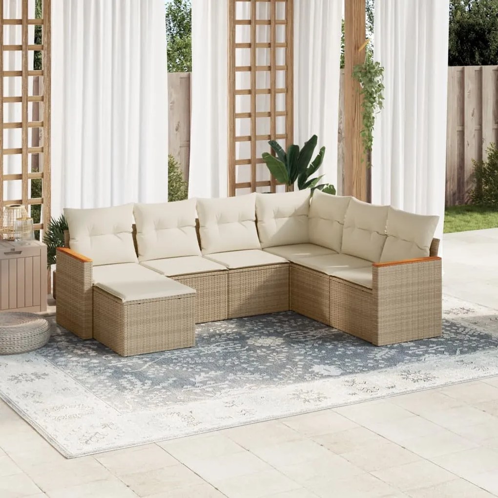 vidaXL 7 pcs conjunto de sofás p/ jardim com almofadões vime PE bege