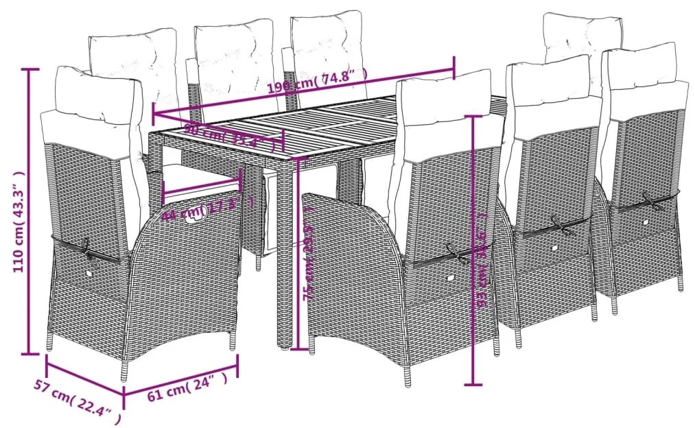 9 pcs conjunto de jantar p/ jardim c/ almofadões vime PE preto