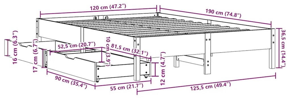 Cama sem colchão 120x190 cm madeira de pinho maciça branco