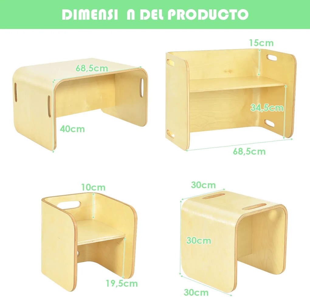 Conjunto de mesa e cadeiras para crianças com tampo de mesa espesso e superfície lisa para casa, escola, jardim de infância 68,5 x 40 x 50 cm Natural