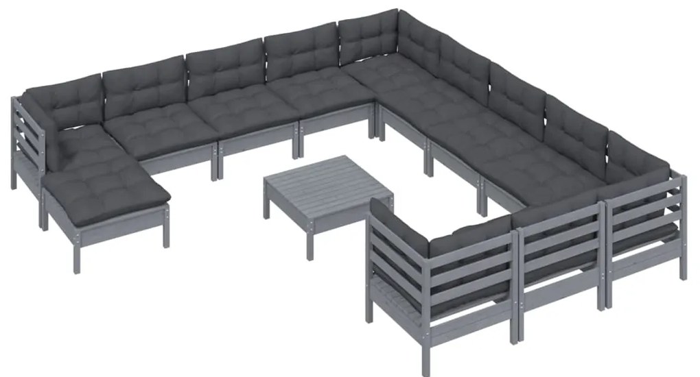 13 pcs conjunto lounge de jardim c/ almofadões pinho cinza