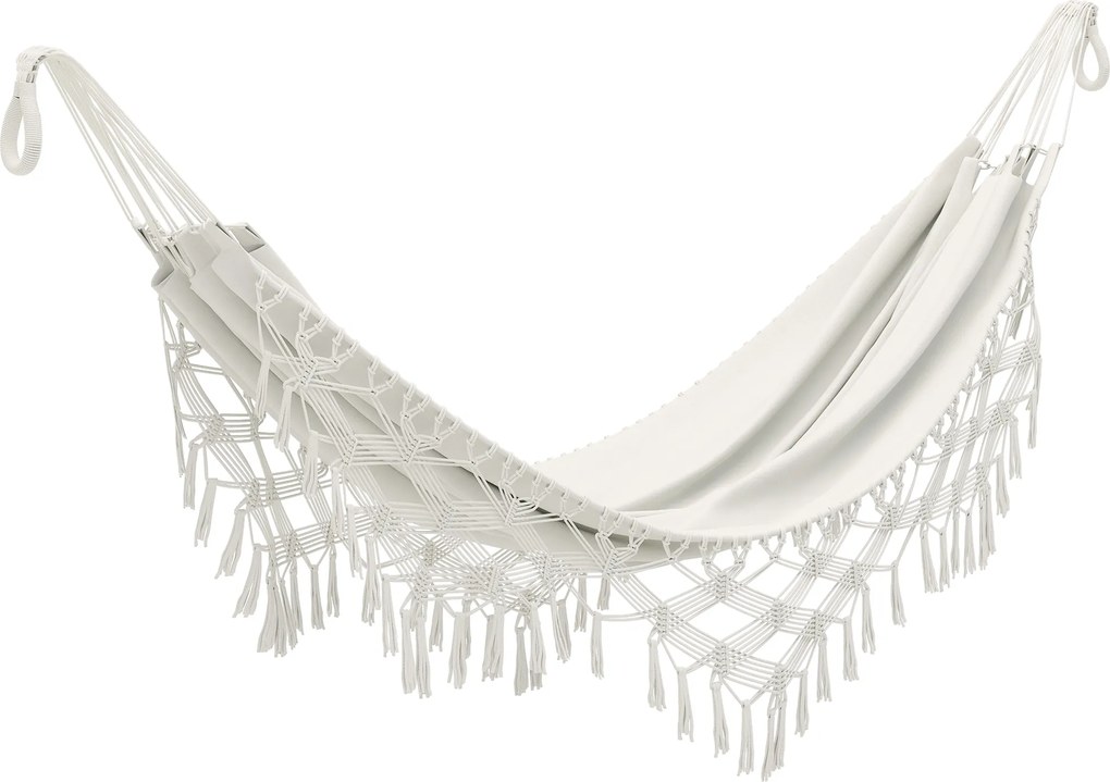 Outsunny Rede Exterior Boémia, Rede de Jardim Suspensa com Franjas e Saco de Transporte extra-larga 288 x 150 cm, Bege | Aosom Portugal