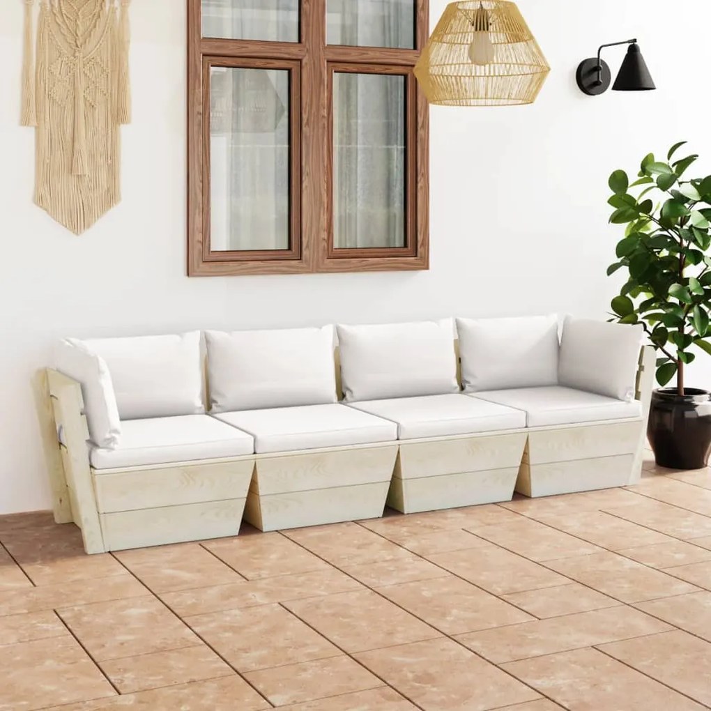 vidaXL Sofá paletes 4 lugares p/ jardim c/ almofadões madeira de abeto
