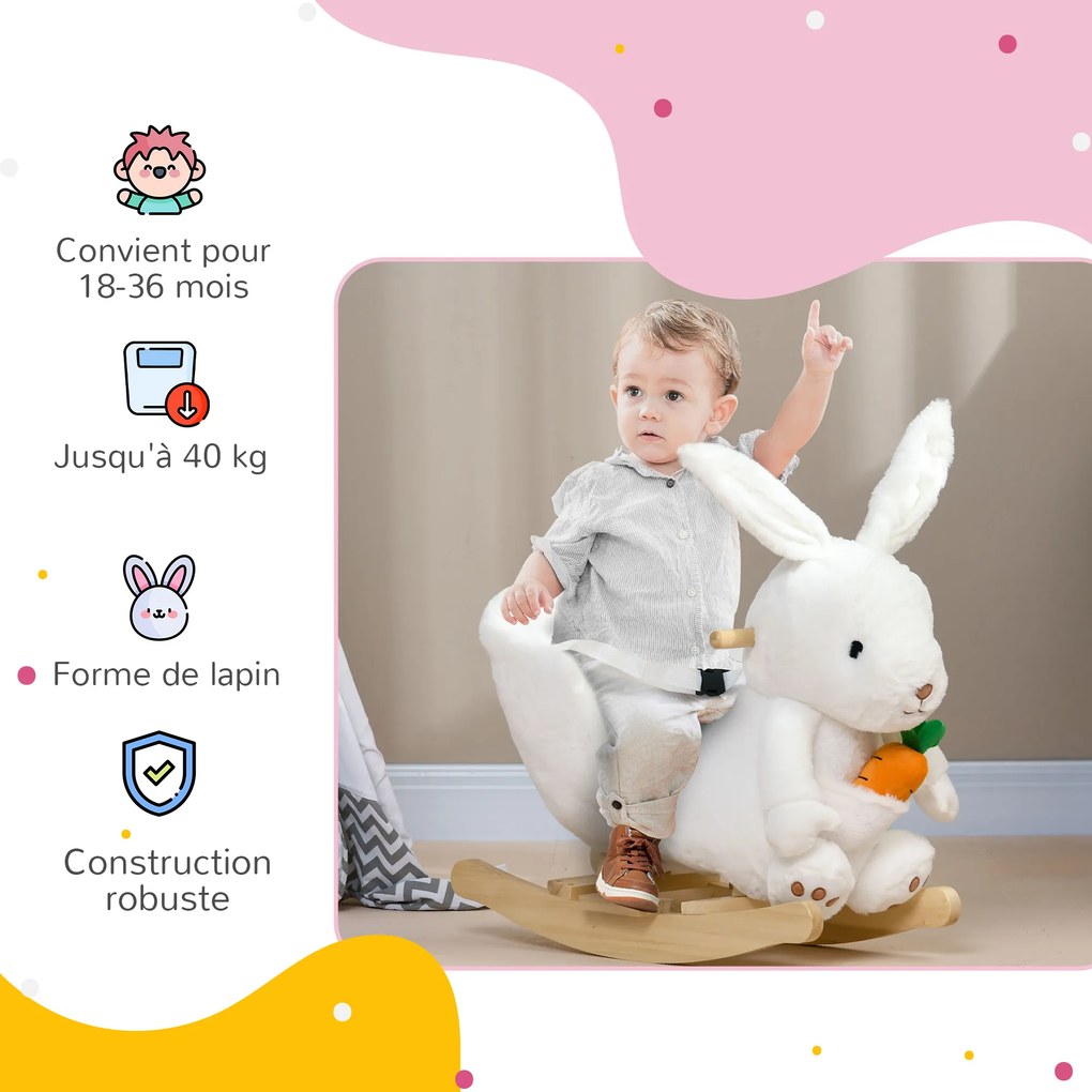 Brinquedo de baloiço em forma de coelho, com função musical, sela de grande conforto, pelúcia curta e macia, madeira de choupo, 18-36 meses, branco