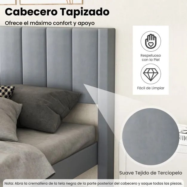 Estrutura de cama 211 x 155 x 105 cm com cabeceira estofada (COLCHÃO NÃO INCLUIDO) e estrado de ripas de madeira Cinza