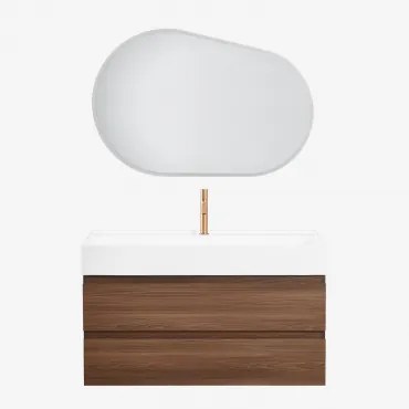 Conjunto De Móvel De Casa De Banho Suspenso Em Madeira E Folha De Freixo Com Lavatório Integrado Ona Oval Led E Anti-embaciamento 100x80 Cm Riben & Ma