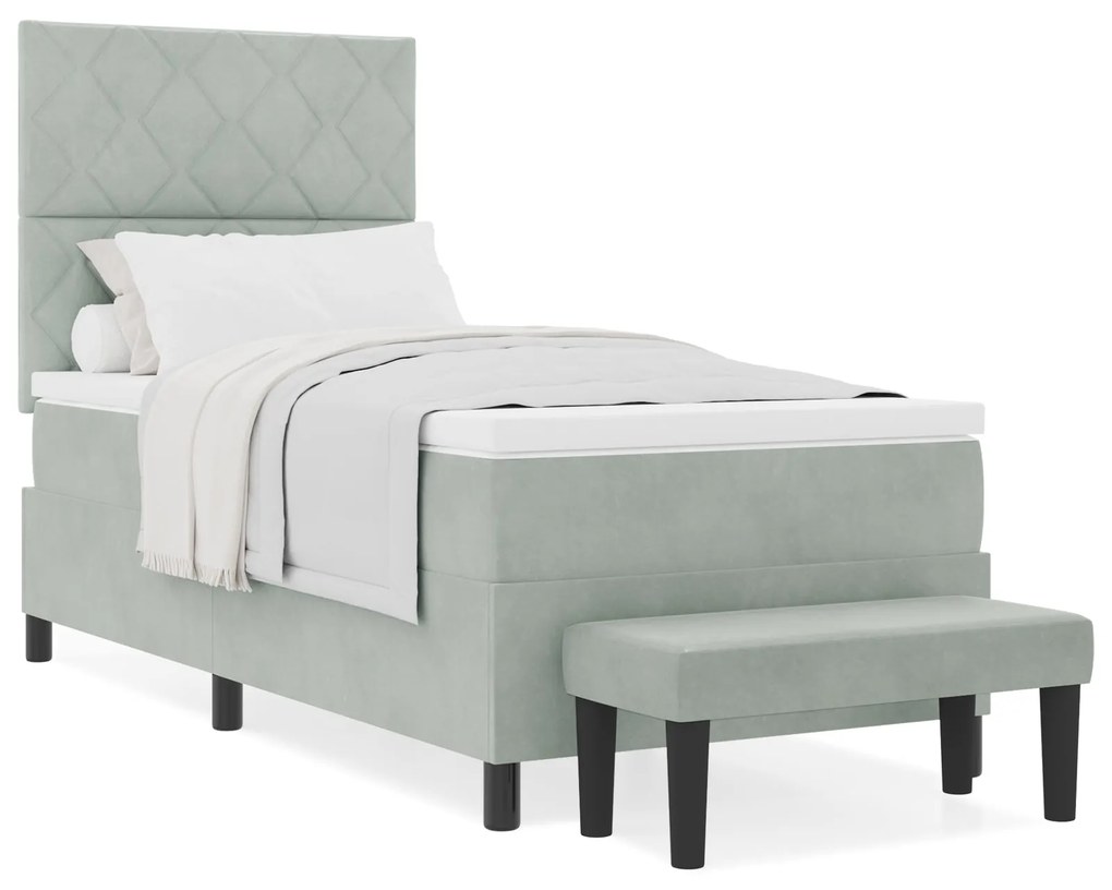 Cama Box Spring com Colchão e Banco Cinza Claro 90x200 cm Veludo