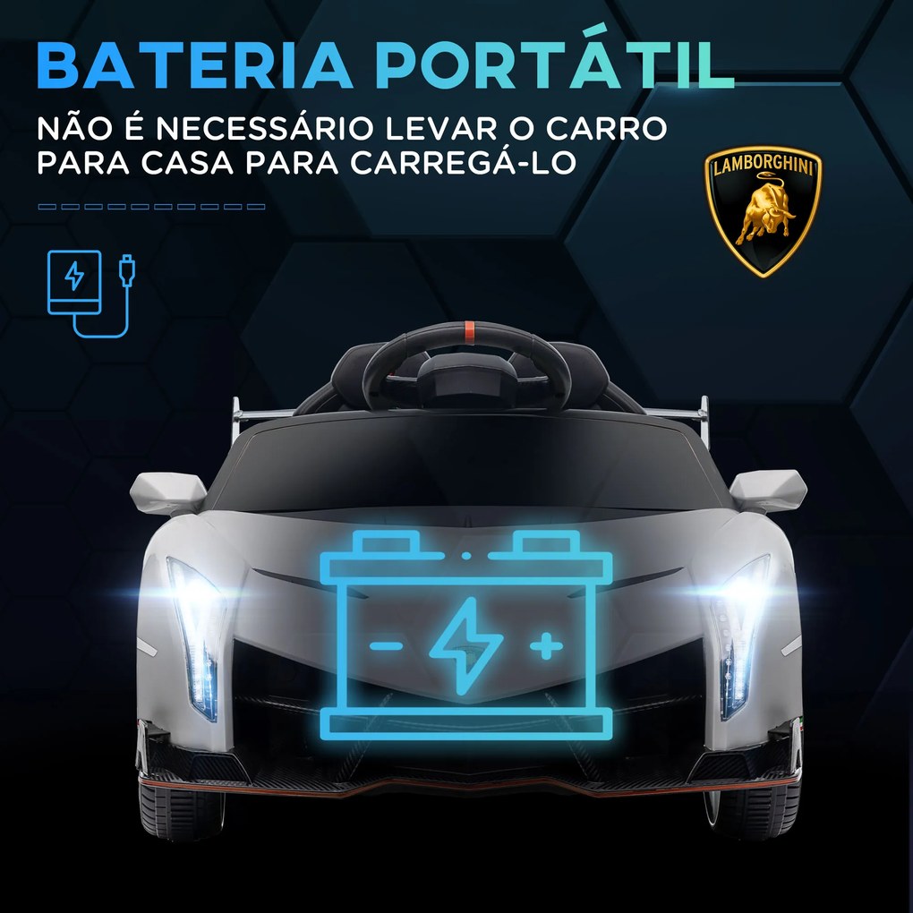 Carro Elétrico Lamborghini 12V Velocidade Máxima 7 km/h com Controlo Remoto MP3 Luzes e Cinto de Segurança 111x61x45 cm Branco