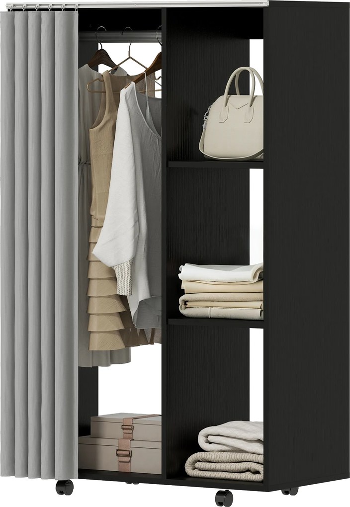 Armário guarda-roupa móvel com 4 rodas, varão para roupa e prateleiras abertas, 80 x 40 x 128 cm, preto