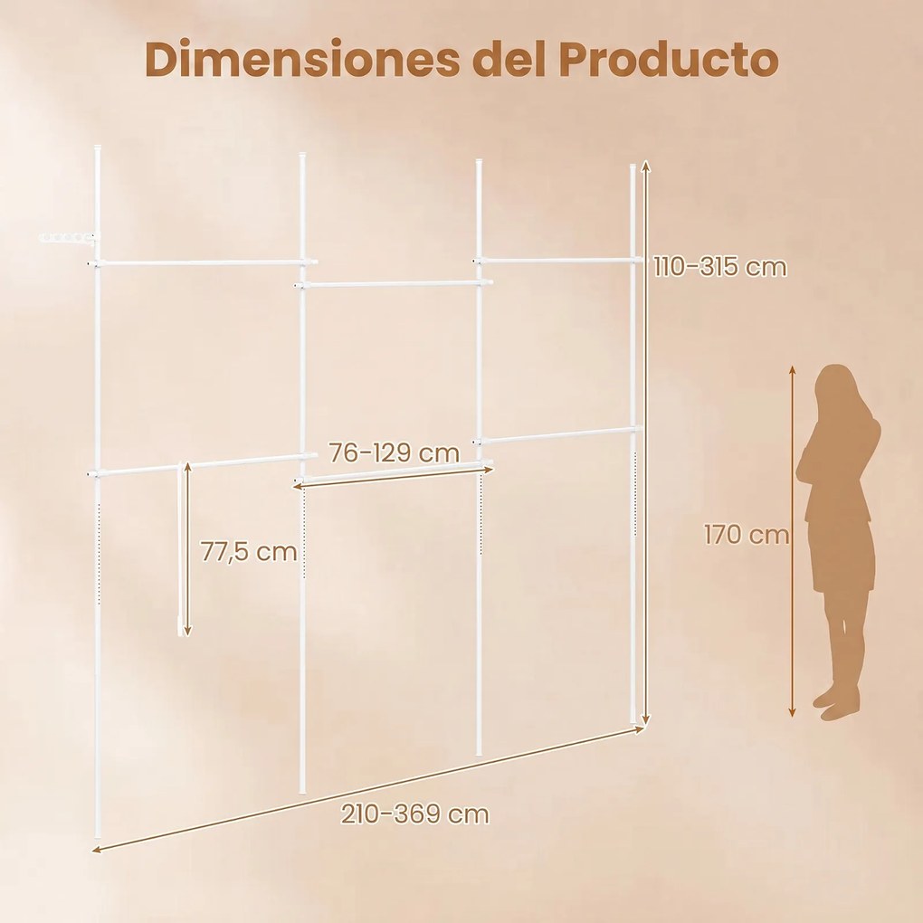 Cabideiro de Roupa Modular 210-369 x 110-315 cm, Estrutura Extensível, Branco
