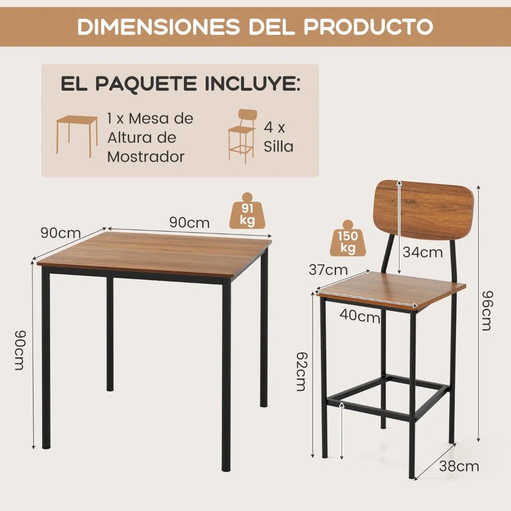 Conjunto de mesa de jantar alta e 4 cadeiras altas de 5 peças com estrutura em aço para casa ou restaurante Castanho escuro