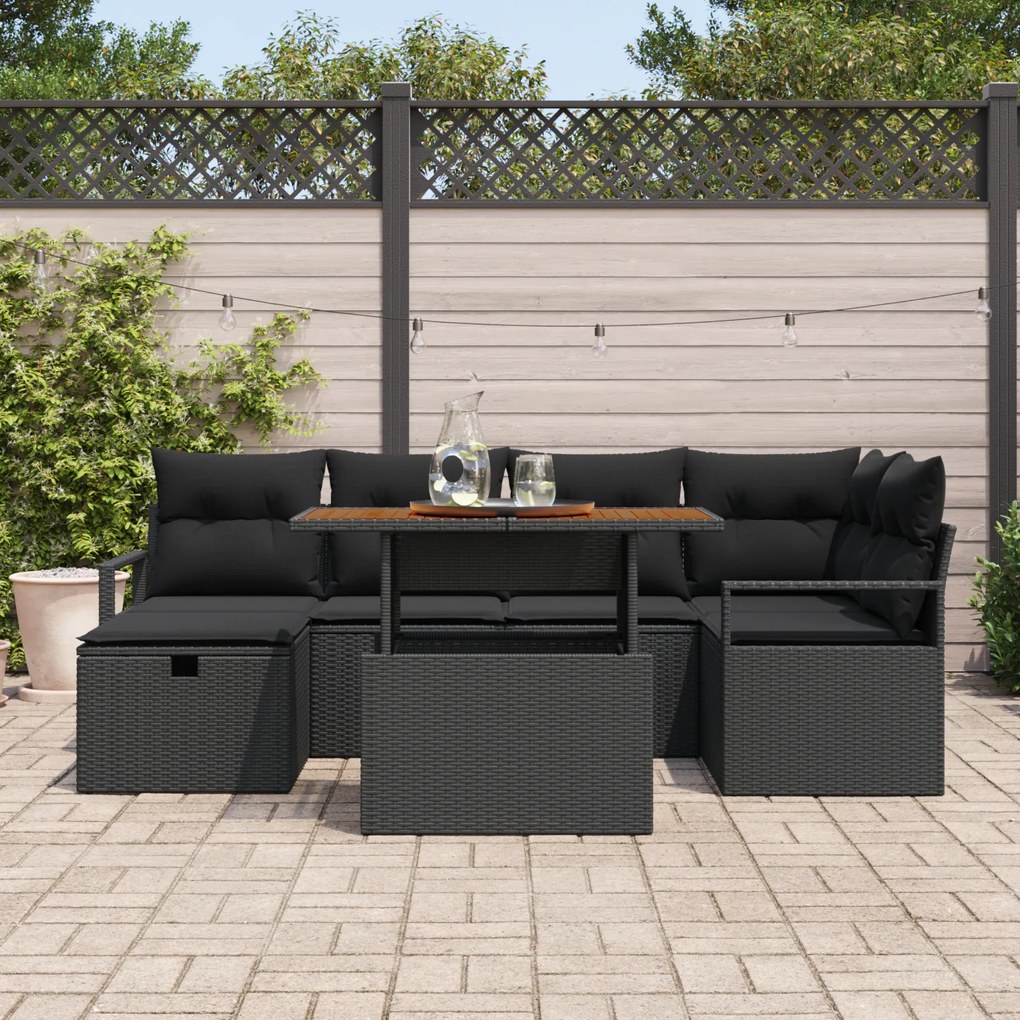 Conjunto de Sofá de Jardim vidaXL de 7 Peças com Almofadas Pretas de R