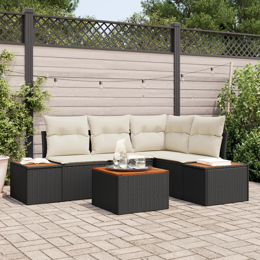 vidaXL Conjunto de Sofá de Jardim de 5 Peças com Almofadas Preto Rattan Polimérico Acácia