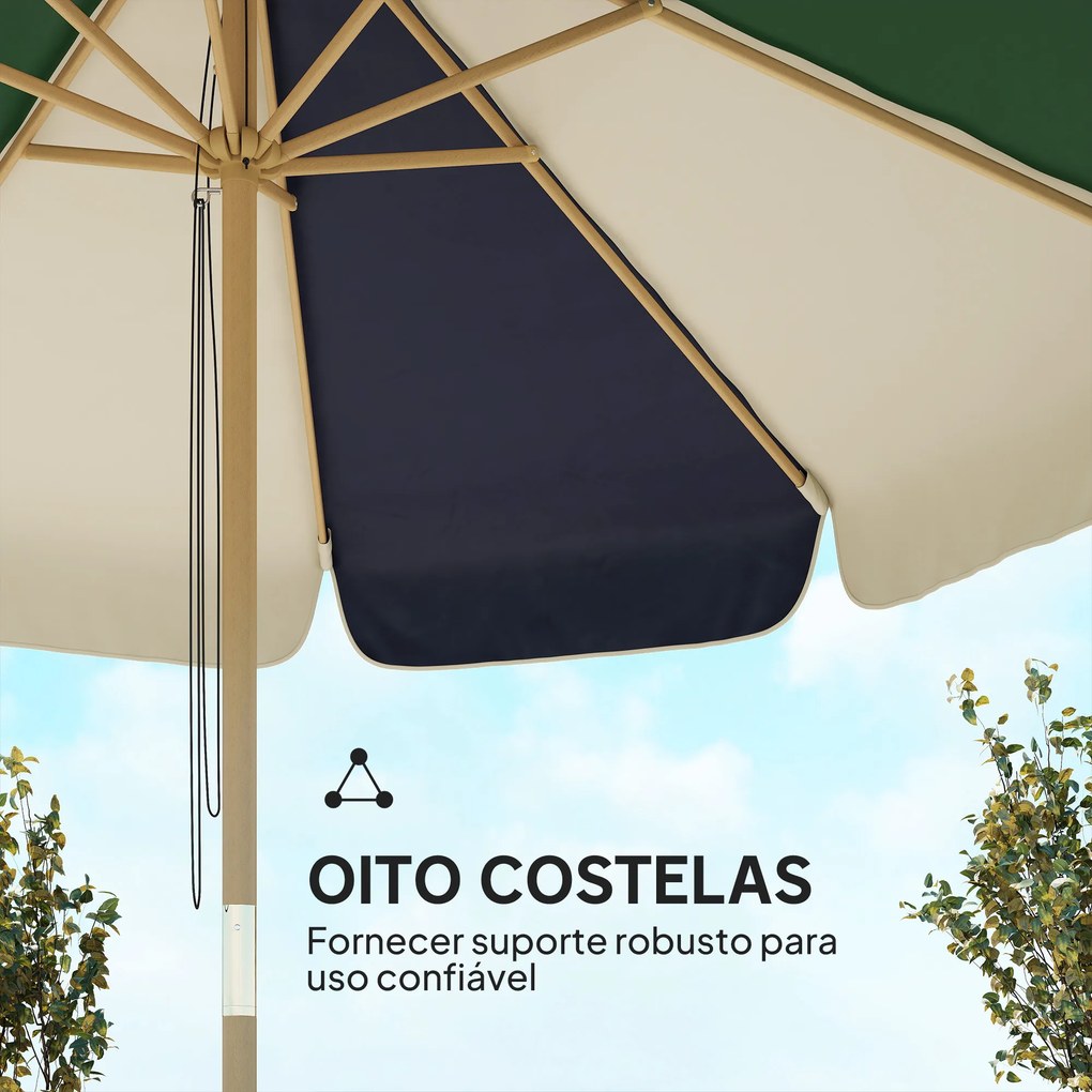 Guarda-sol de Jardim com Corda Proteção Solar UPF30+ Estilo Retrô Efeito Madeira com Babados Inclinável Ø226 cm Creme e Verde