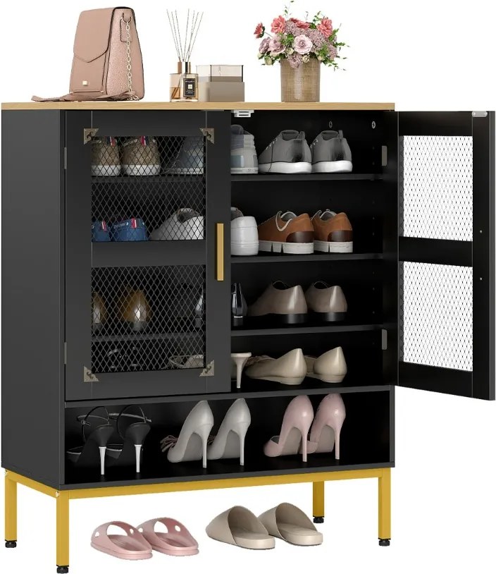 Sapateira com 5 níveis 70 x 35 x 93 cm e portas de malha Organizador moderno para sapatos em madeira com prateleiras ajustáveis e pés pretos