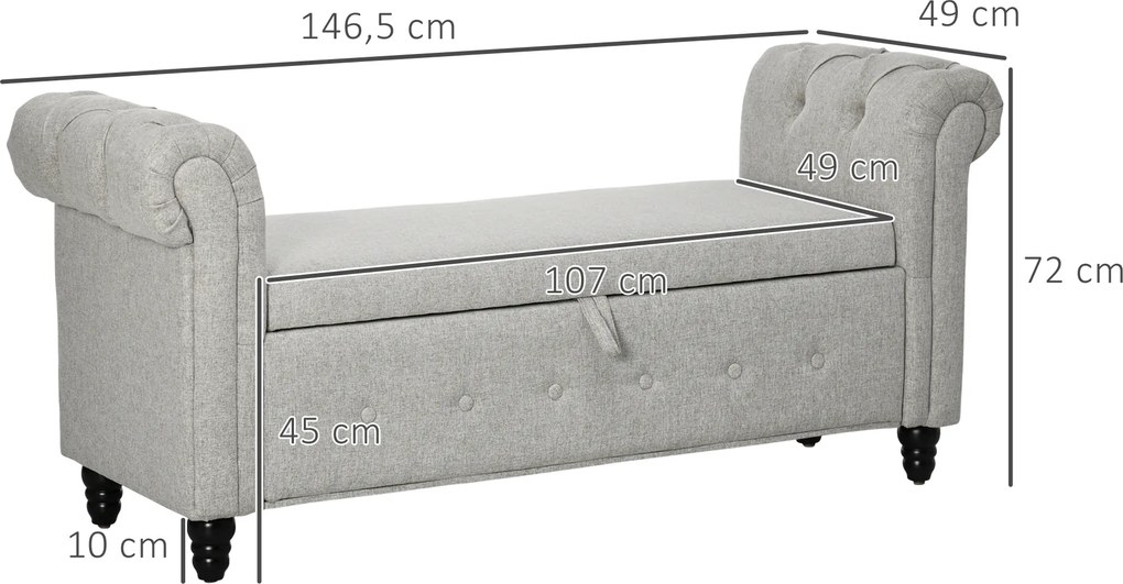 Banco com baú 2 em 1 em tecido com aspeto de linho e pés de madeira 146,5 x 49 x 72 cm cinzento