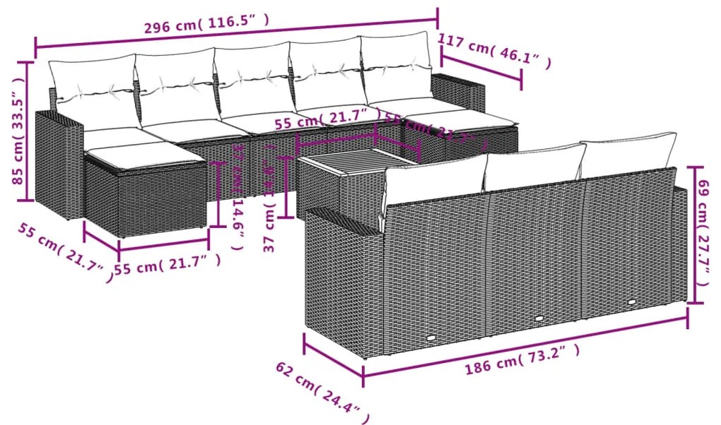 11 pcs conjunto sofás de jardim c/ almofadões vime PE bege