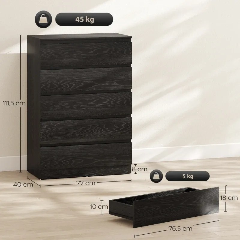 Cómoda 5 Gavetas 77x40x111,5 cm para Quarto Móvel de Arrumação Estilo Moderno Preto