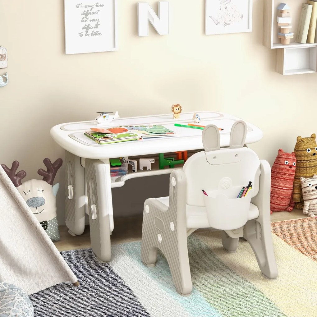 Conjunto de mesa e cadeira para arte infantil com prateleira giratória Quadro branco magnético apagável e 3 quadros de desenho ajustáveis em altura Ci