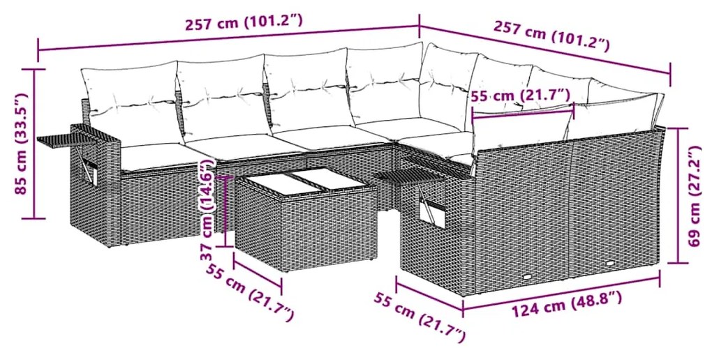 9 pcs conj. sofás jardim com almofadões vime PE cinzento-claro